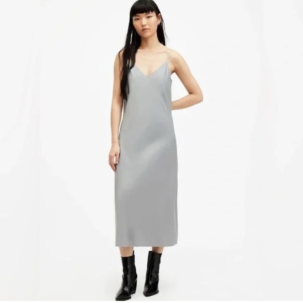 NWT Allsaints Hana Satin Gray Slip Midi Dress Size Medium